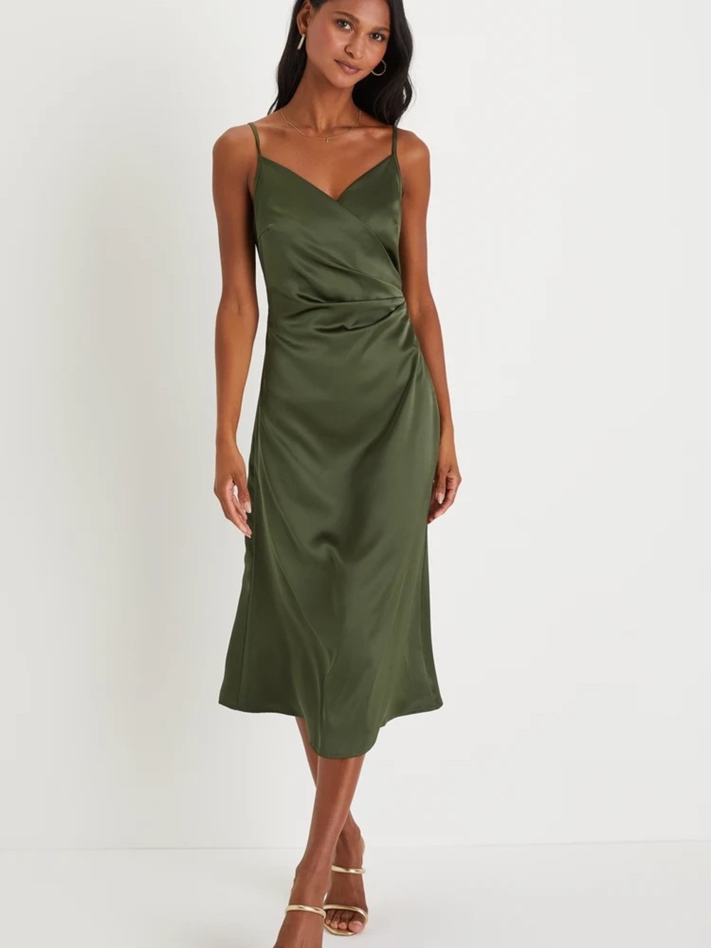 Lulu's Olive Satin Slip Midi Dress